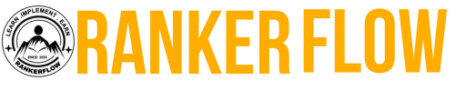 Rankerflow digital marketing logo in black and white, featuring a human figure over mountain peaks with an open book, symbolizing learning, implementation, and growth in online business.
