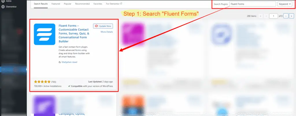 WordPress plugin search result showing Fluent Forms plugin