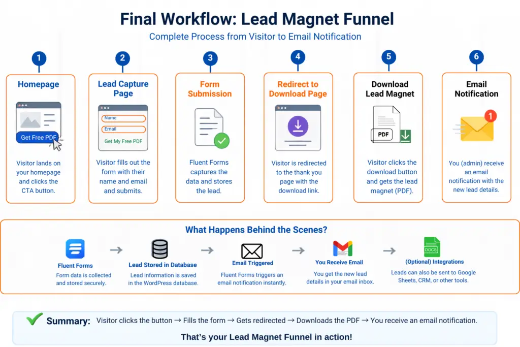 Elementor এবং Fluent Forms ব্যবহার করে PDF Lead Generation Funnel-এর সম্পূর্ণ Flow Diagram